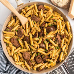 Sausage, Penne & Peas in a skillet