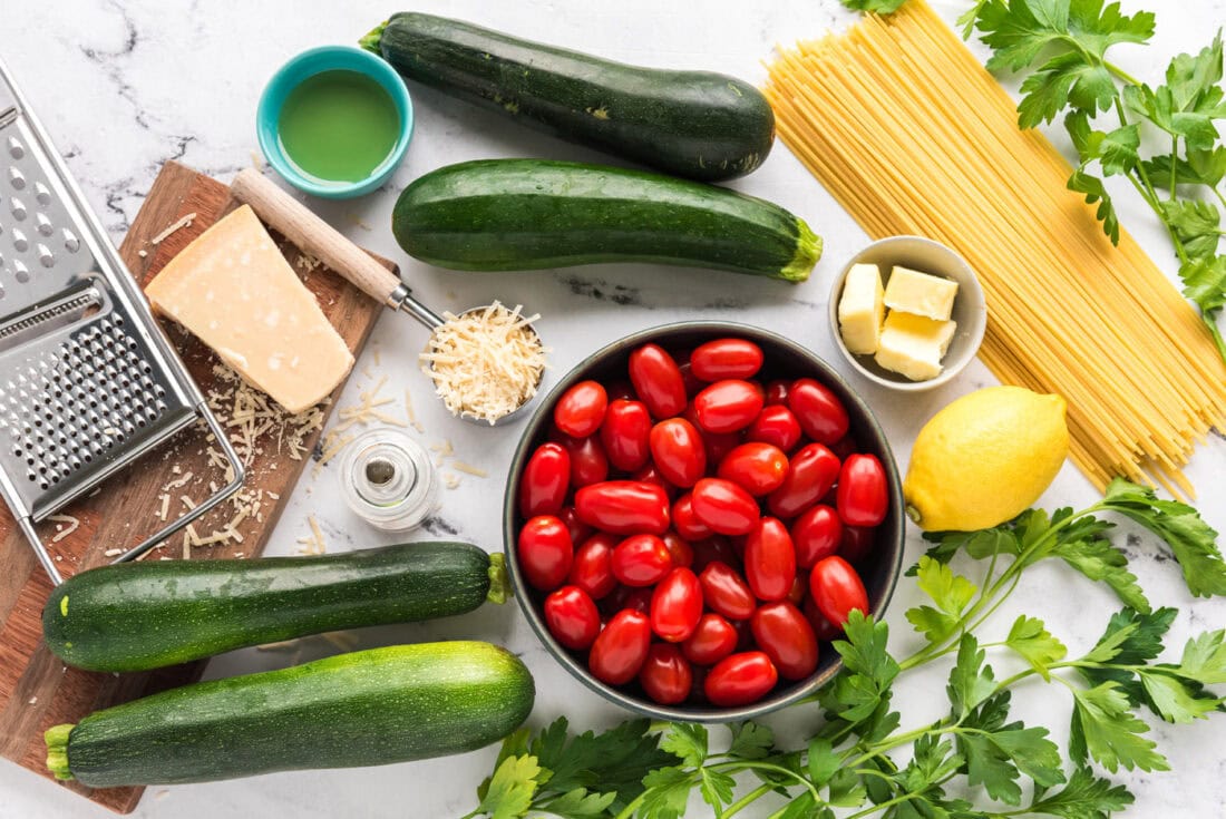 Ingredients for Simple Zucchini Tomato Pasta