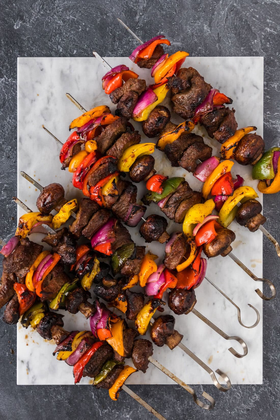 Steak Kabobs on a marble platter