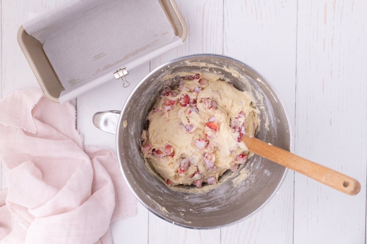 strawberry pound cake batter in a mixing bowl