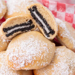 Close up photo of Air Fryer Oreos split in half