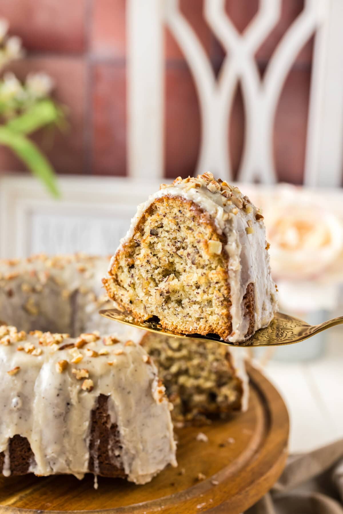 Slice of Banana Bundt Cake on a pie server