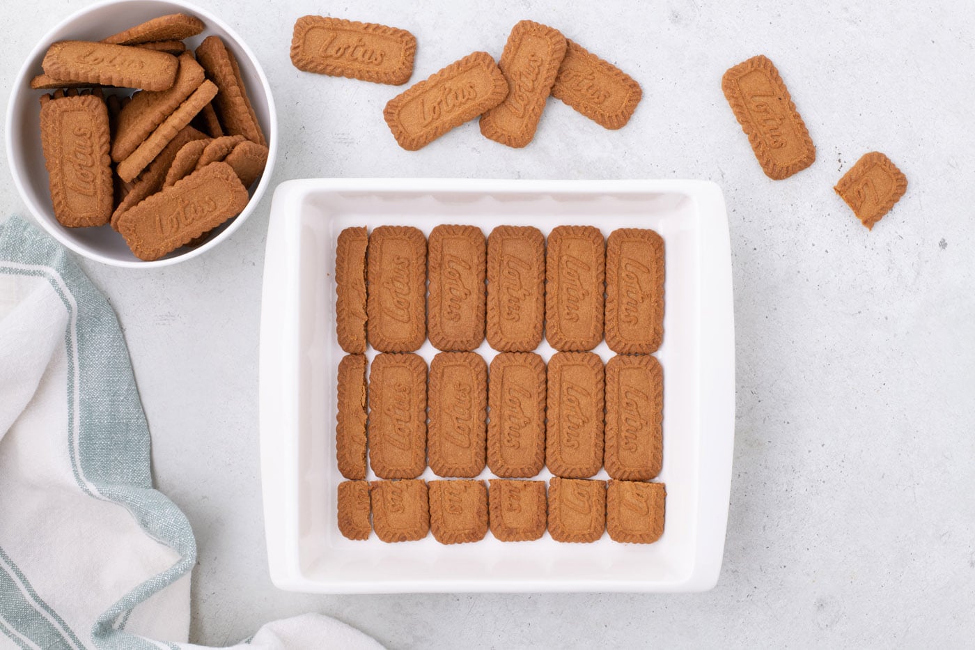 Biscoff cookies layered in a baking dish