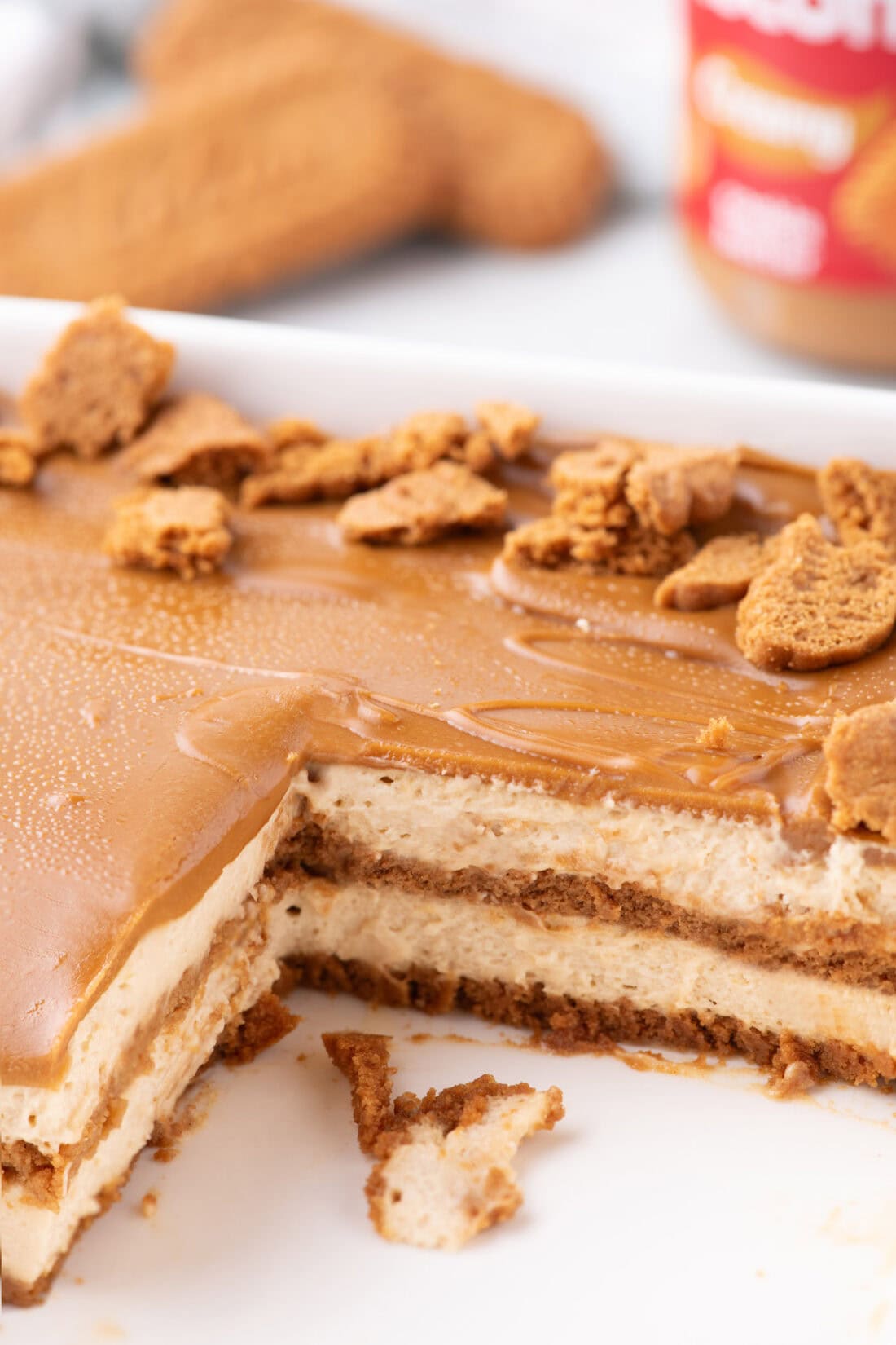 Side shot of a Biscoff Icebox Cake with slices removed