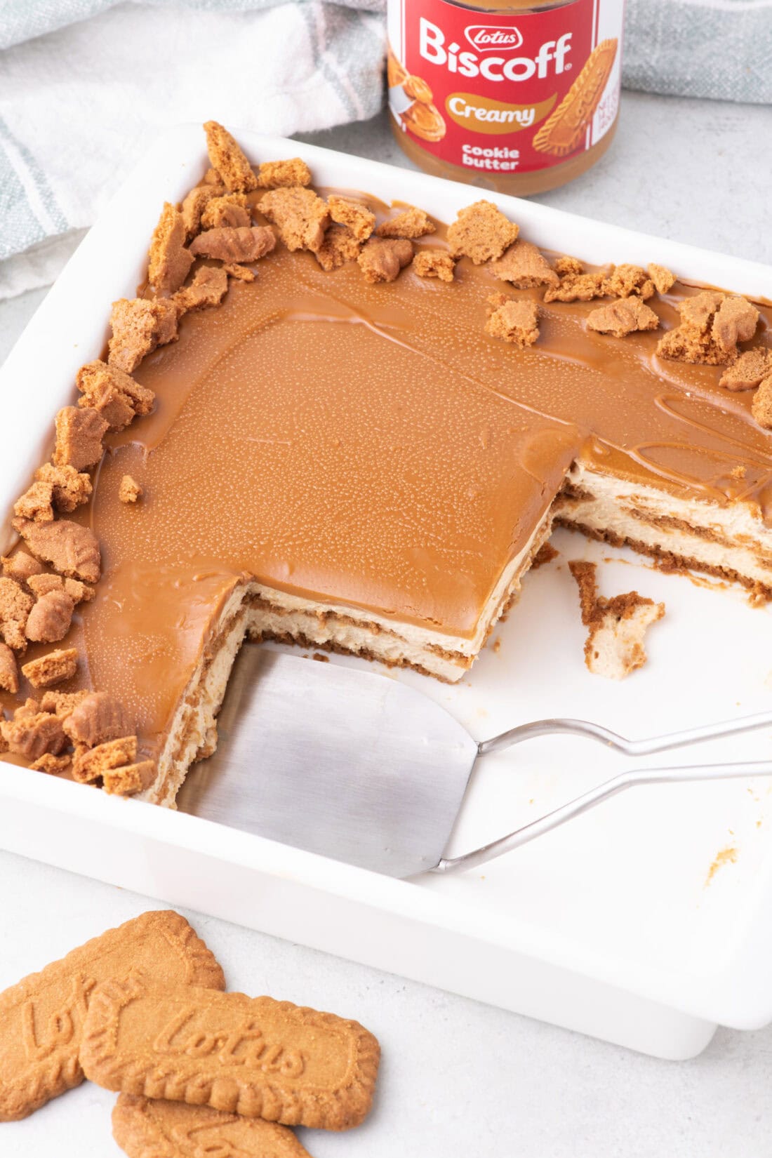 Overhead photo of a Biscoff Icebox Cake with slices removed