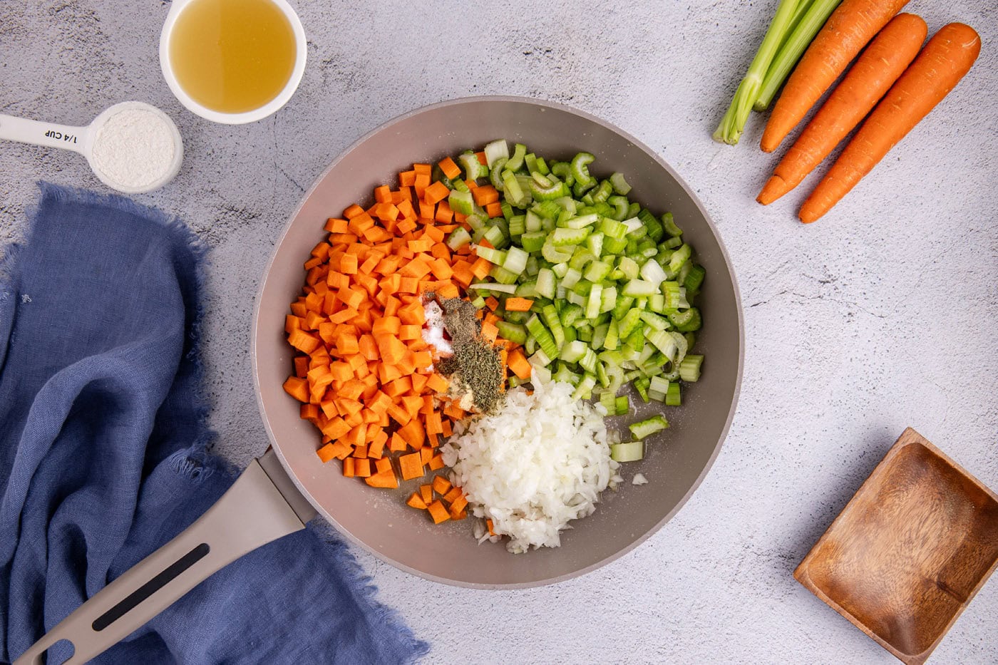 carrots, celery, and onion in a skillet