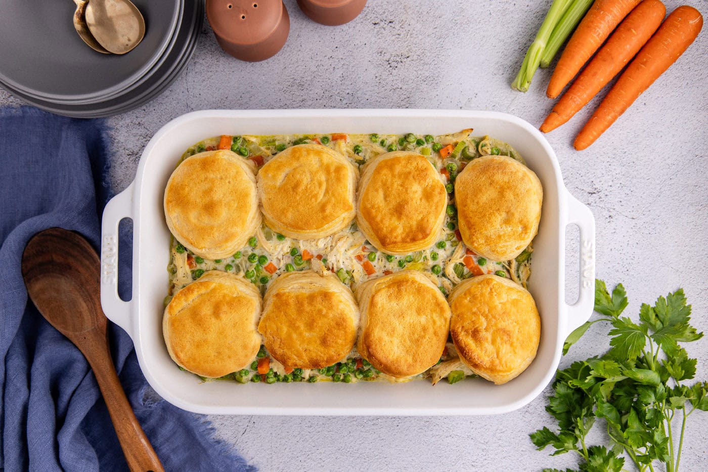 chicken pot pie casserole with biscuits