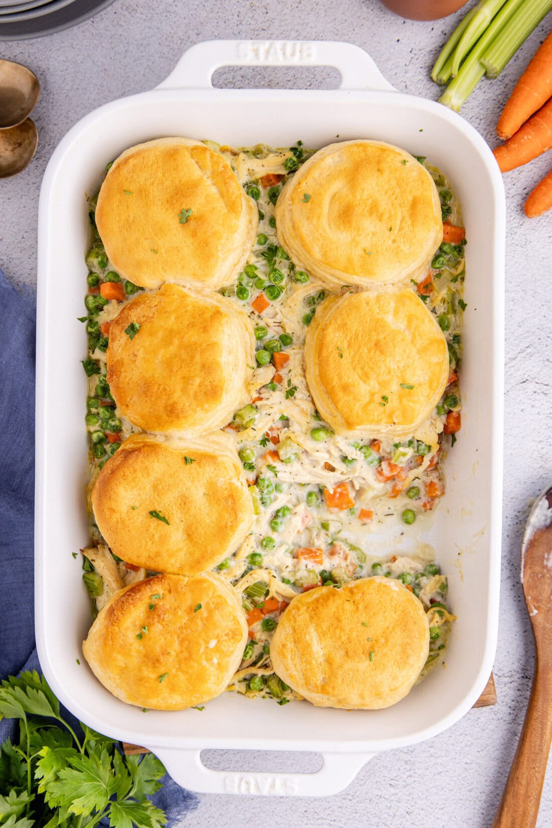 Dish of Chicken Pot Pie Casserole with a serving removed