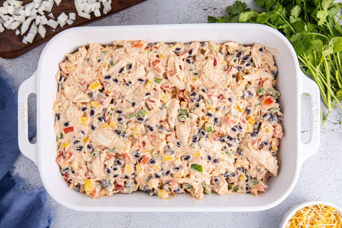 chicken taco casserole in a baking dish