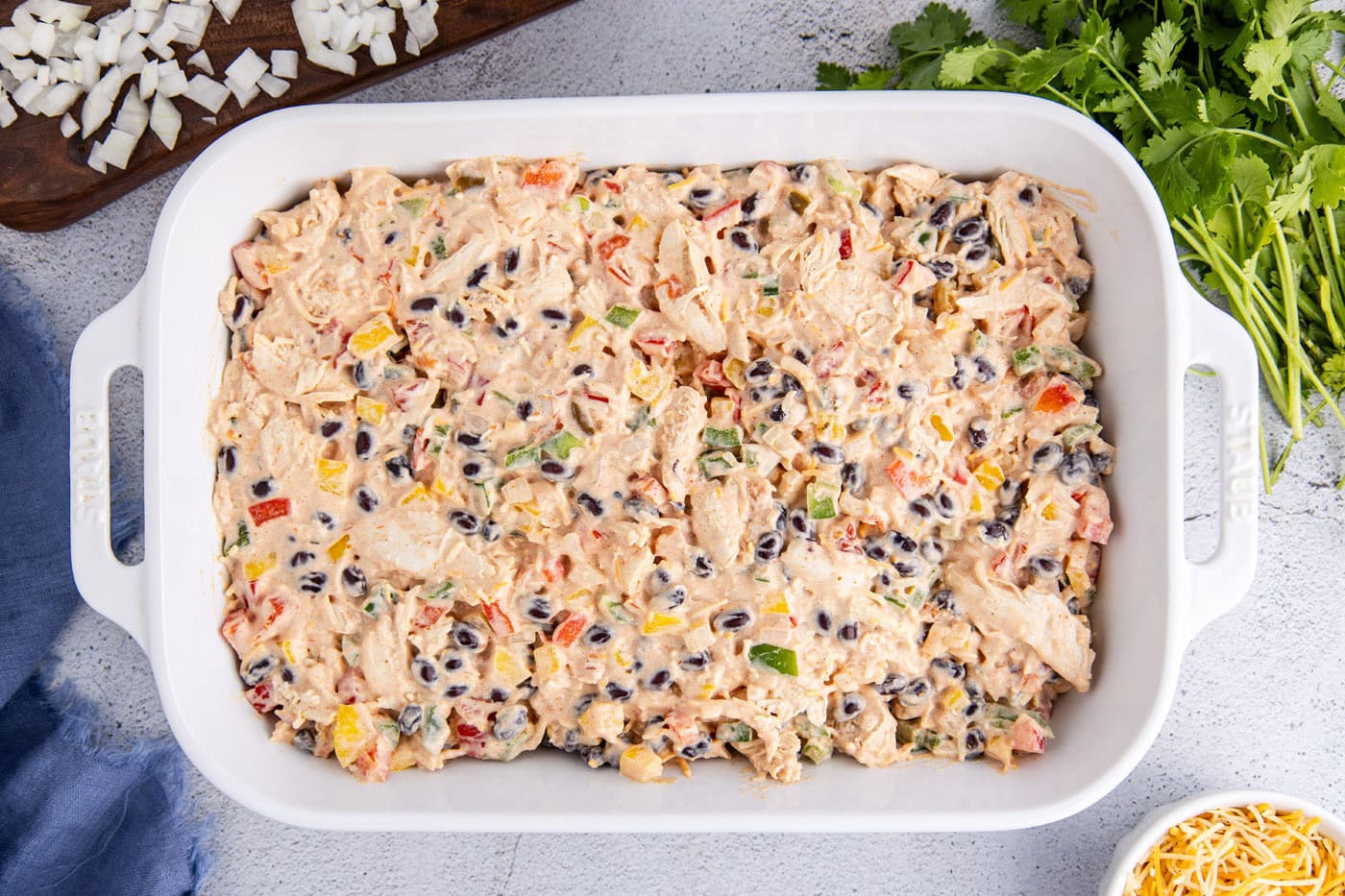 chicken taco casserole in a baking dish