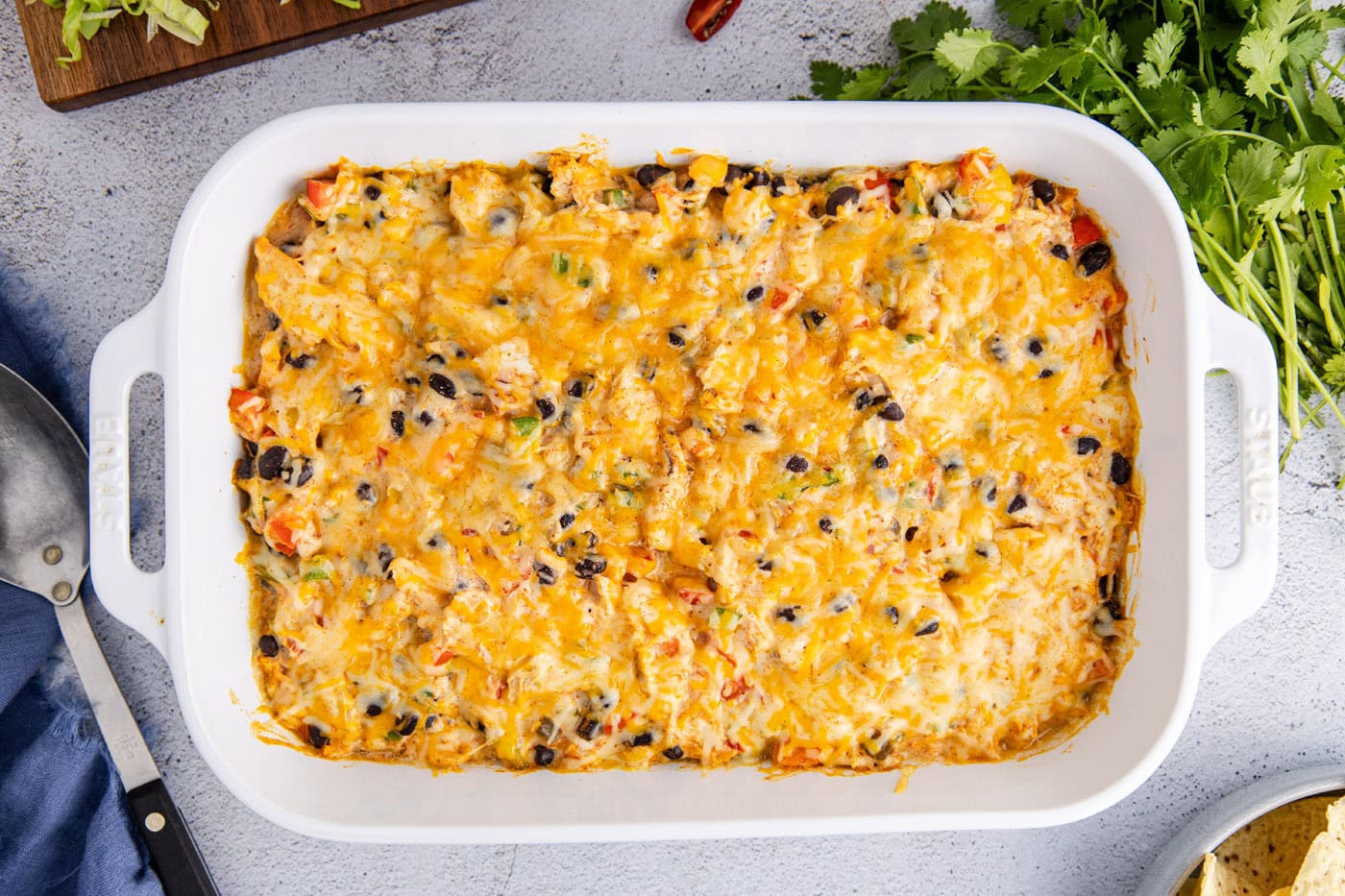 overhead of finished baked chicken taco casserole