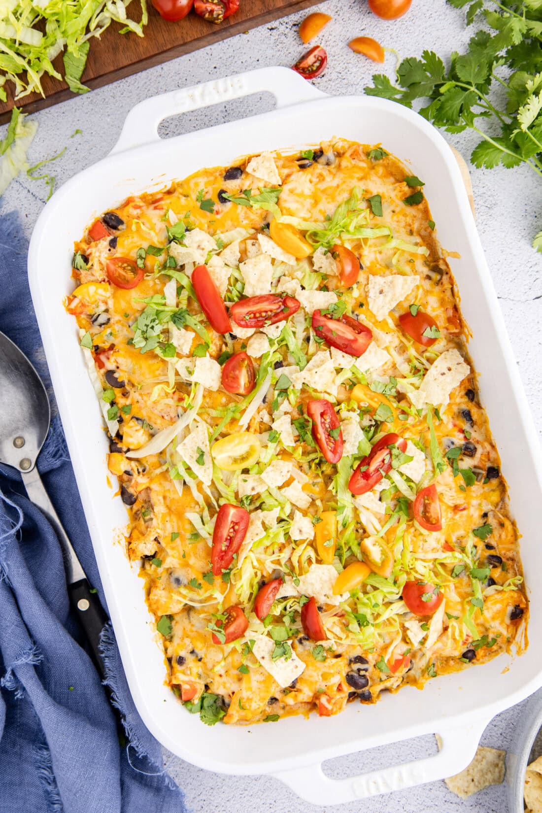 Casserole dish of Chicken Taco Casserole