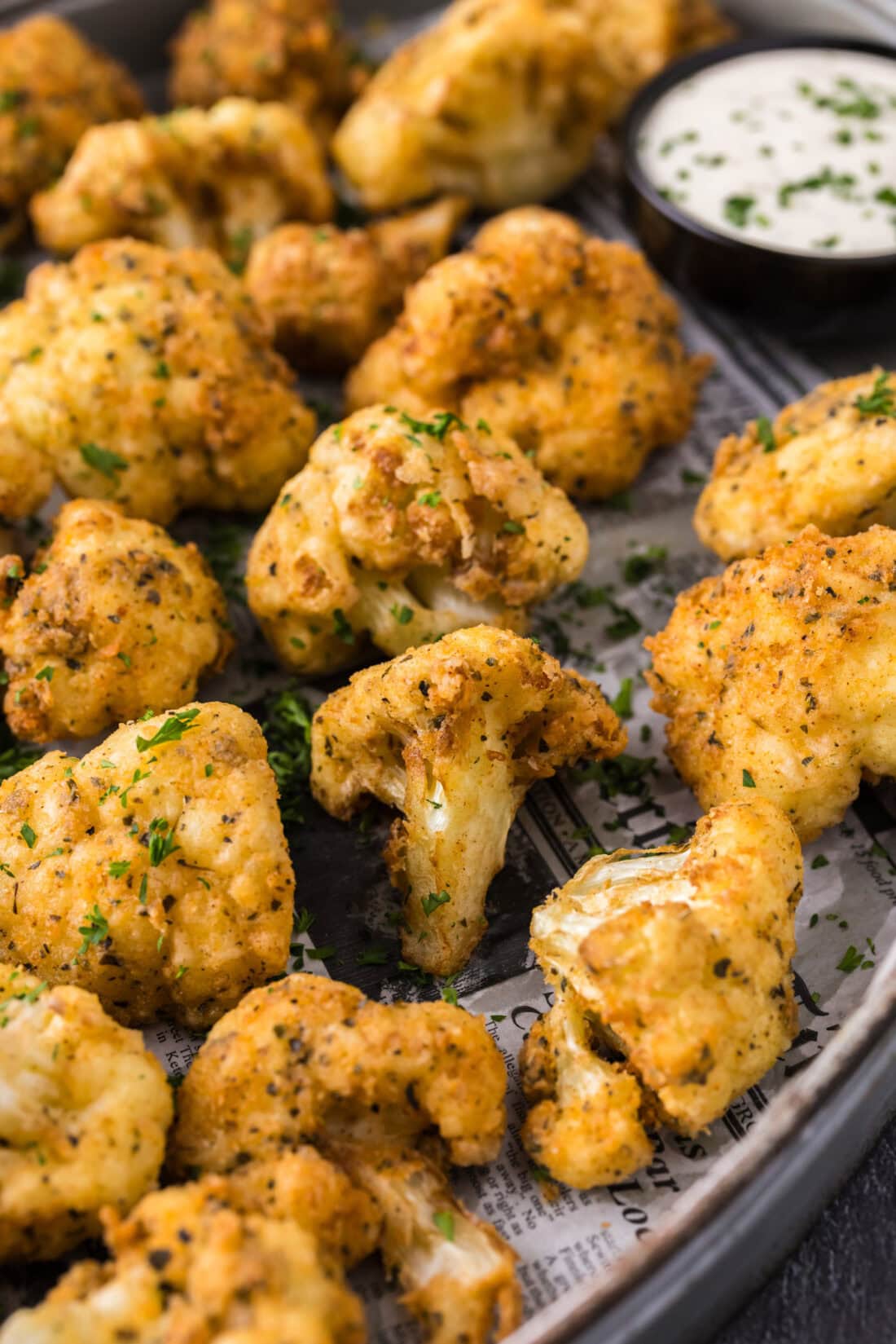 Close up photo of Fried Cauliflower in a serving tray