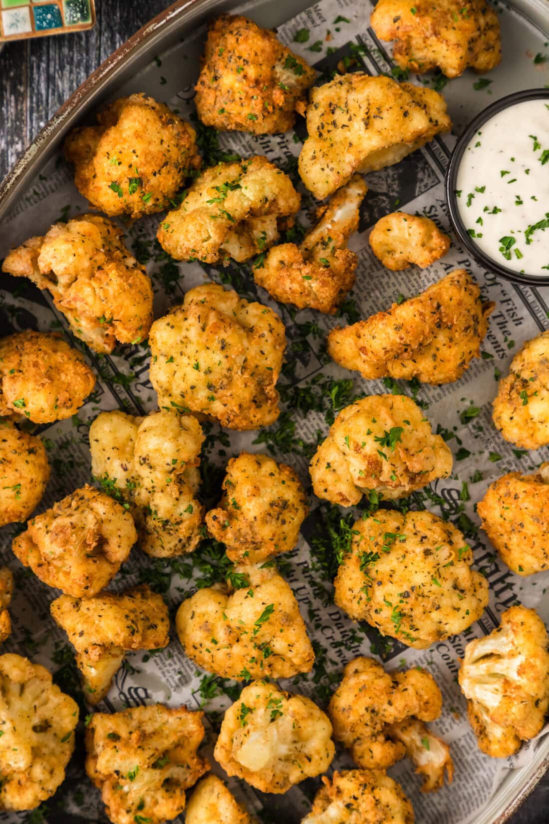 Close up overhead photo of a platter of Fried Cauliflower