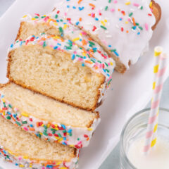 Ice Cream Bread cut into slices on a white platter