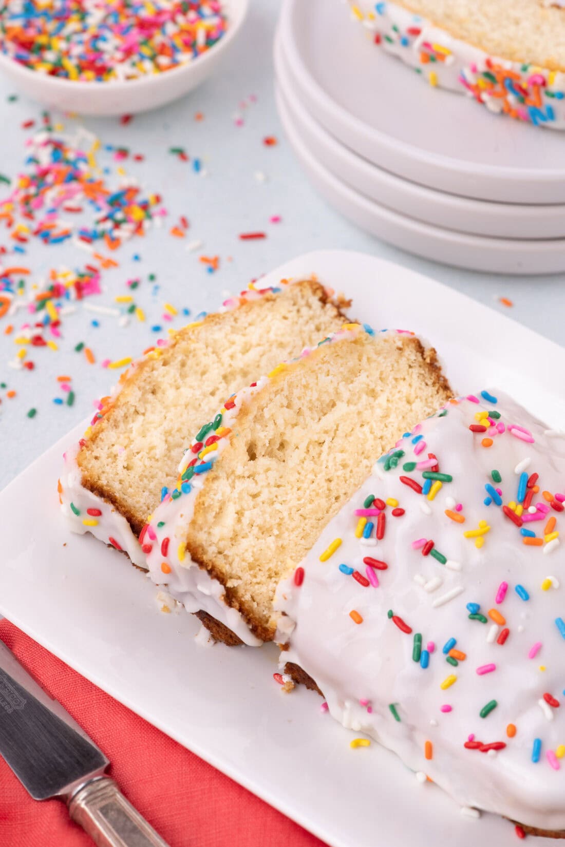 Ice Cream Bread on a plate with two slices cut