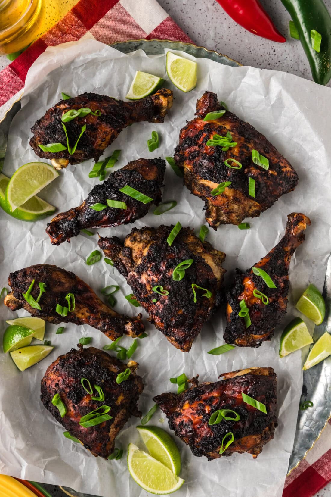 Jerk Chicken on a parchment lined serving tray