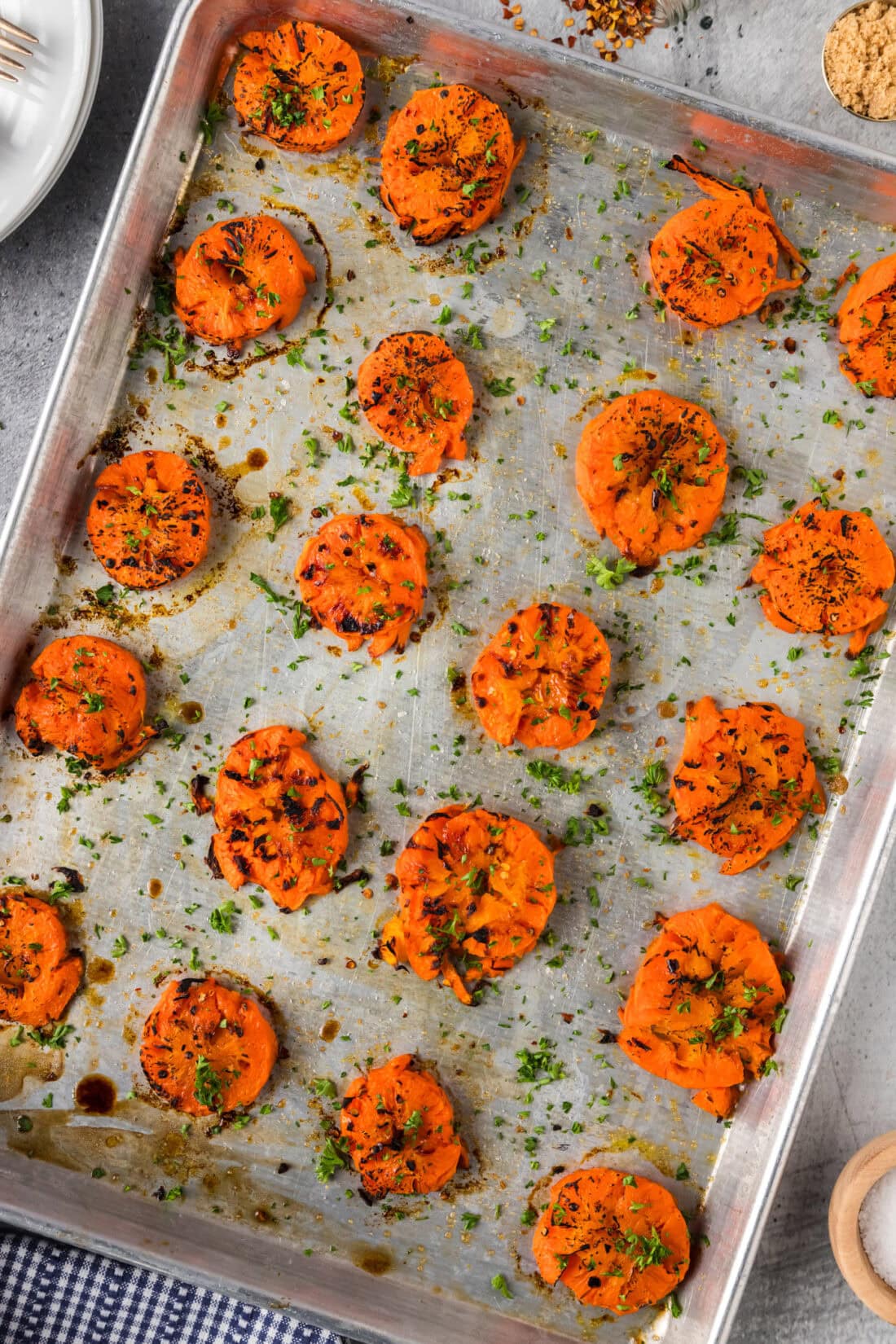 Smashed Carrots on a baking sheet