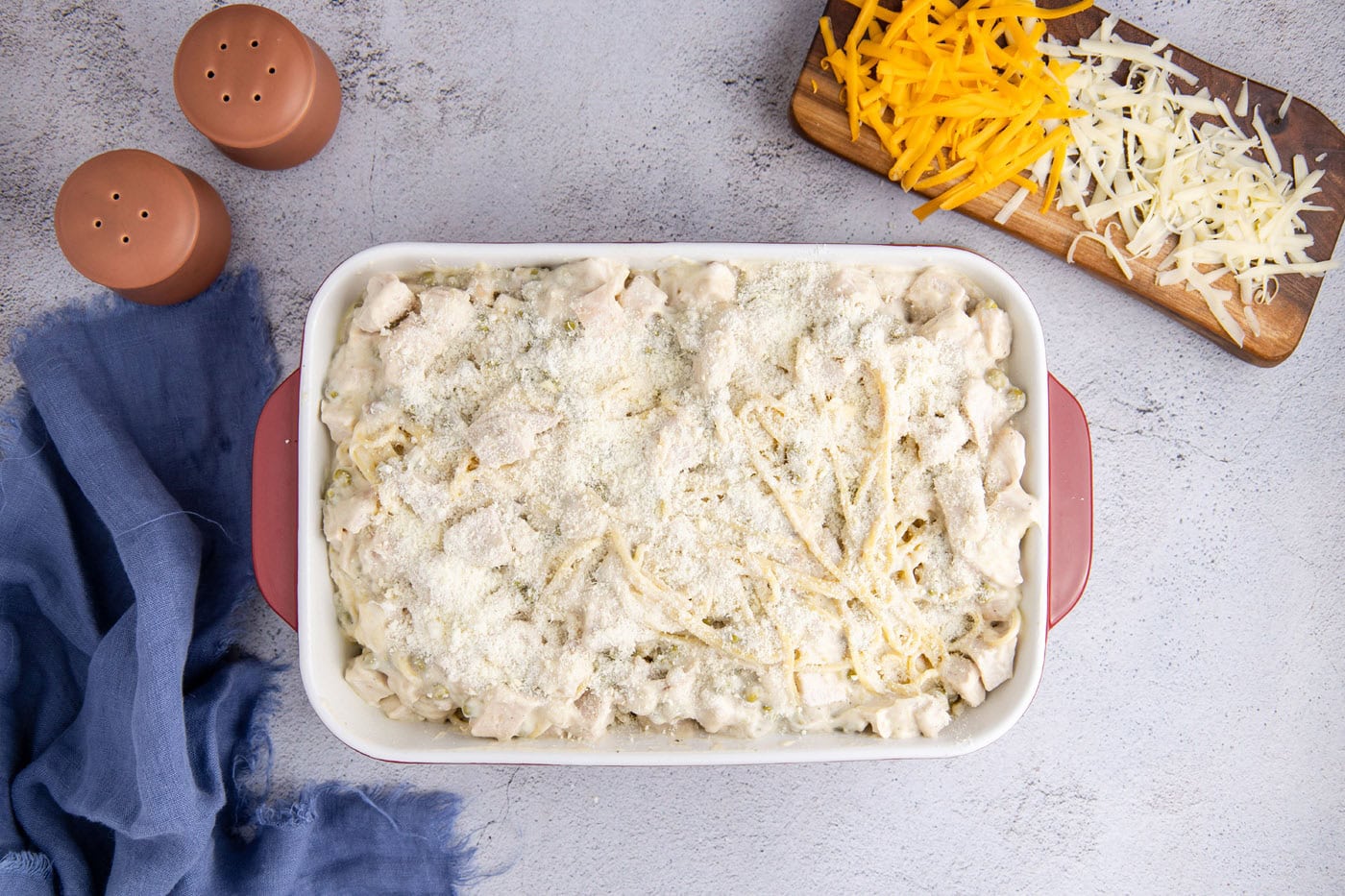 turkey mixture with spaghetti noodles in a casserole dish