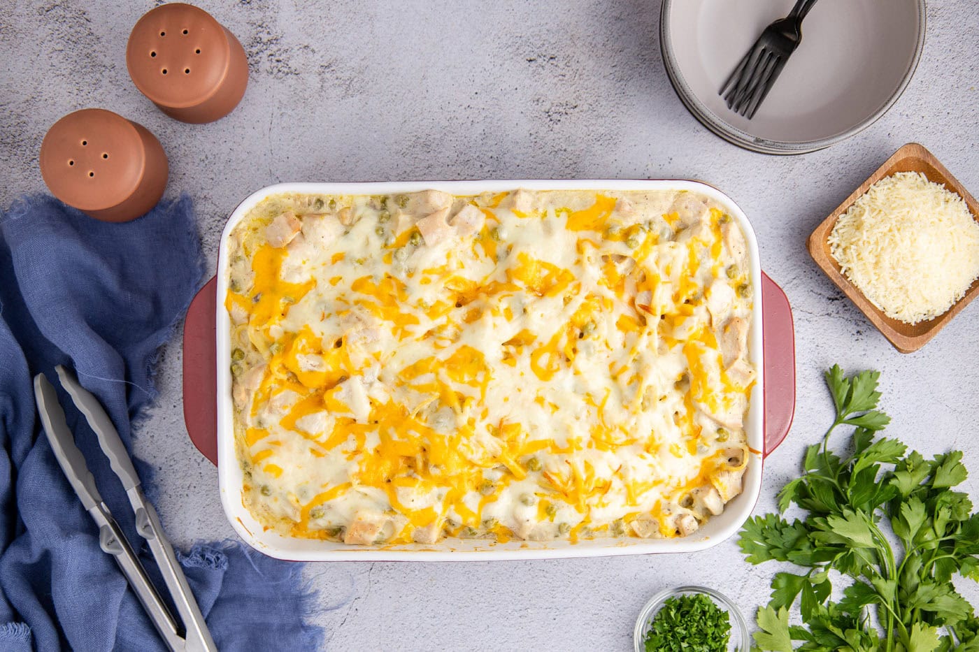 cheesy turkey tetrazzini in a casserole dish