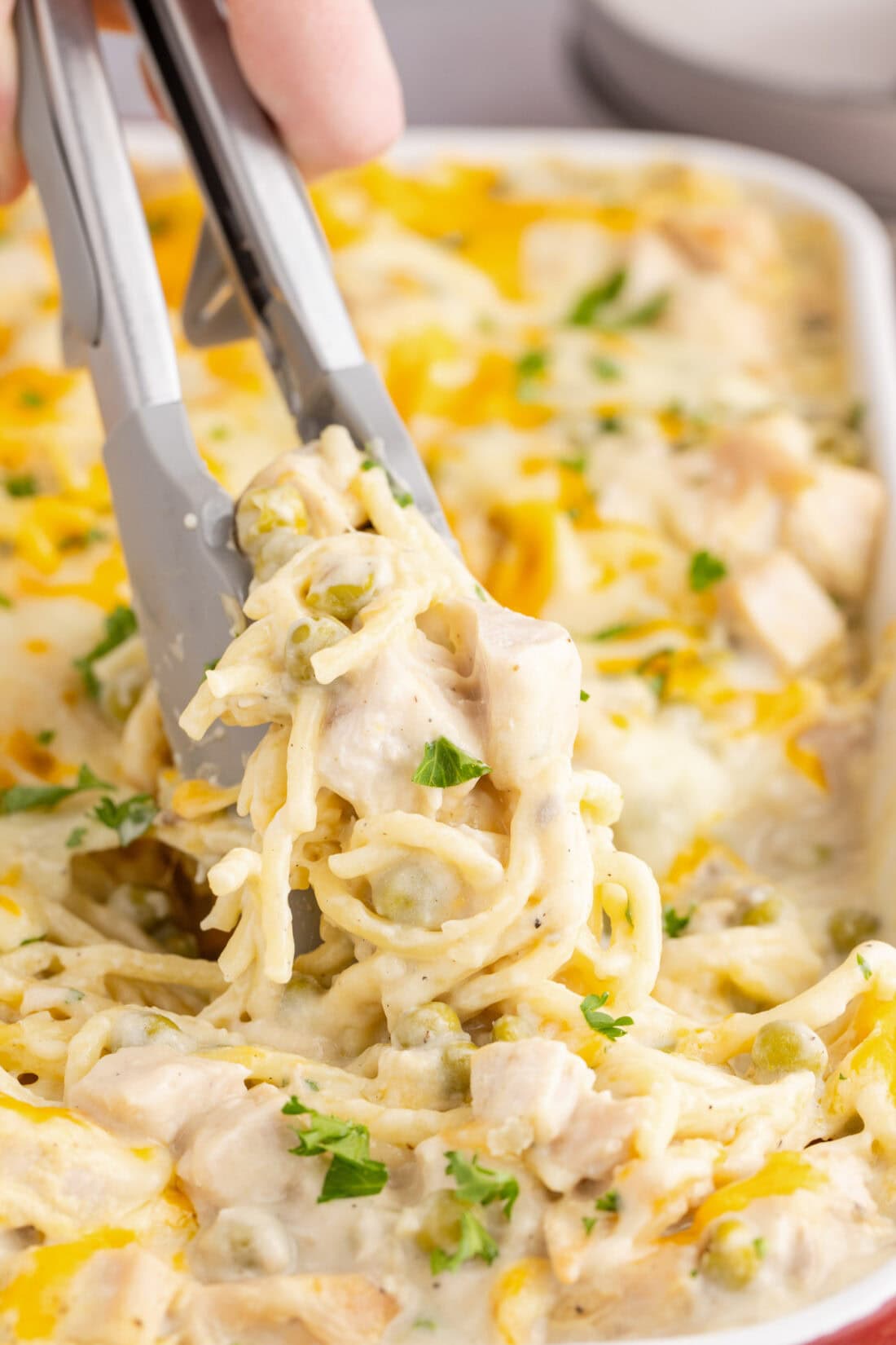 Tongs picking up Turkey Tetrazzini from a pan