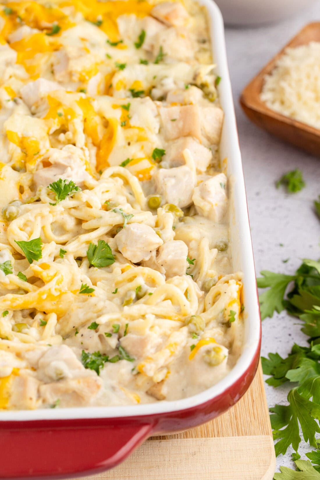 Close up photo of a pan of Turkey Tetrazzini