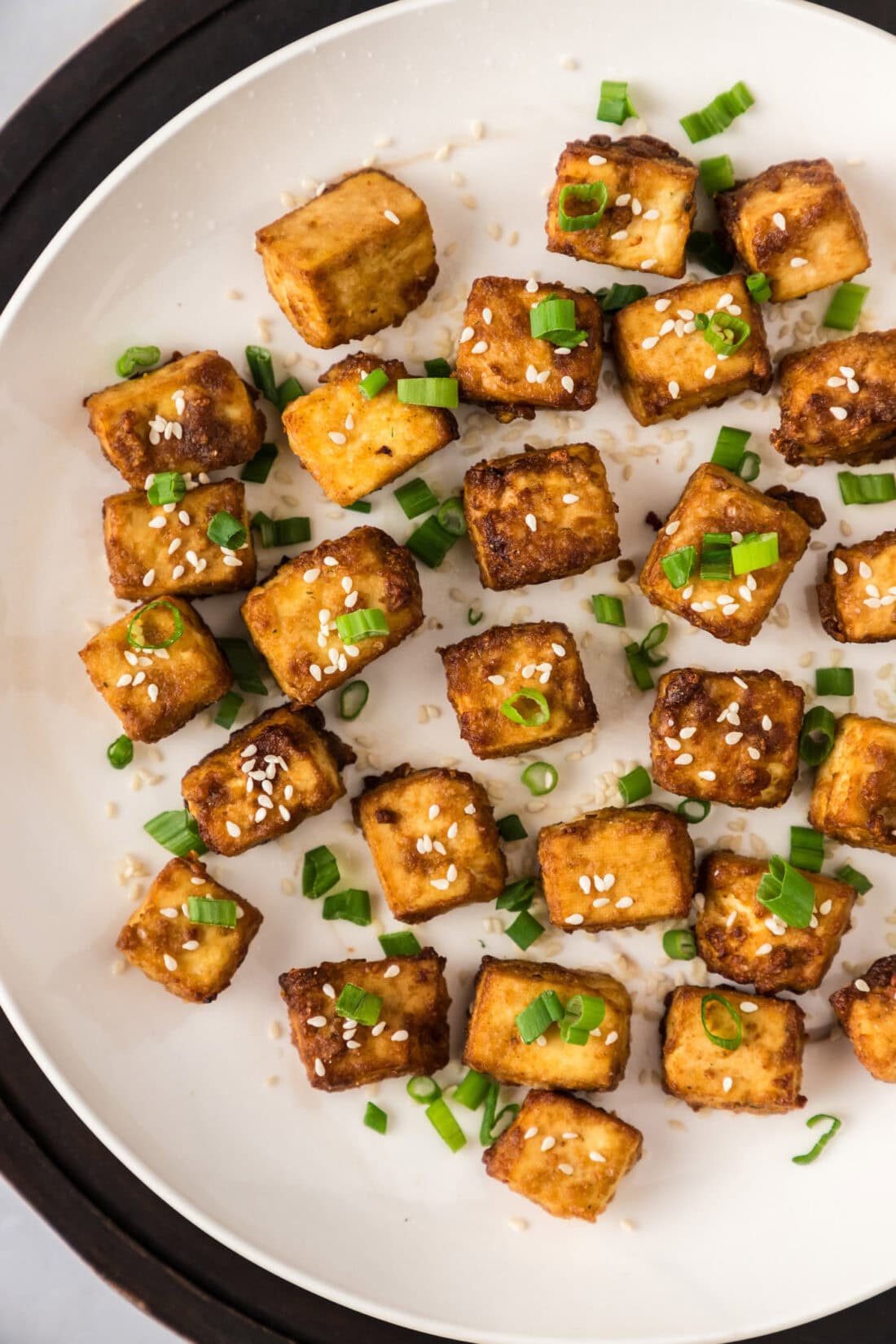 Close up photo of a plate of Air Fryer Tofu