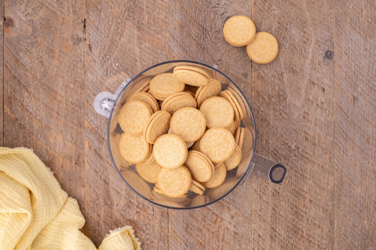 golden oreos in a food processor bowl