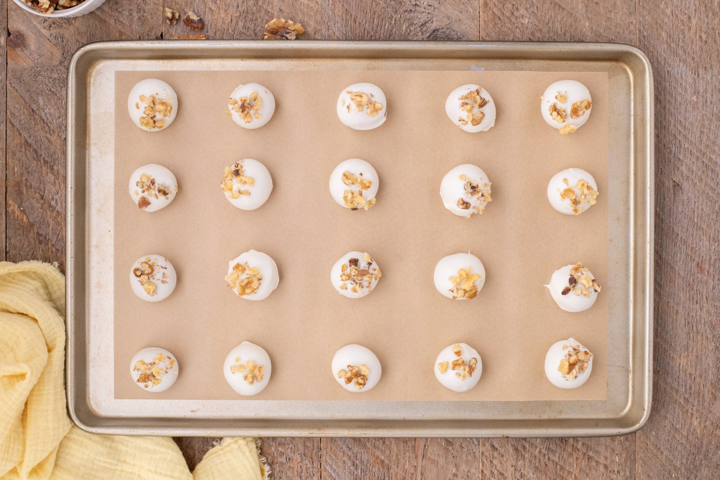 white chocolate banana truffles with chopped walnuts