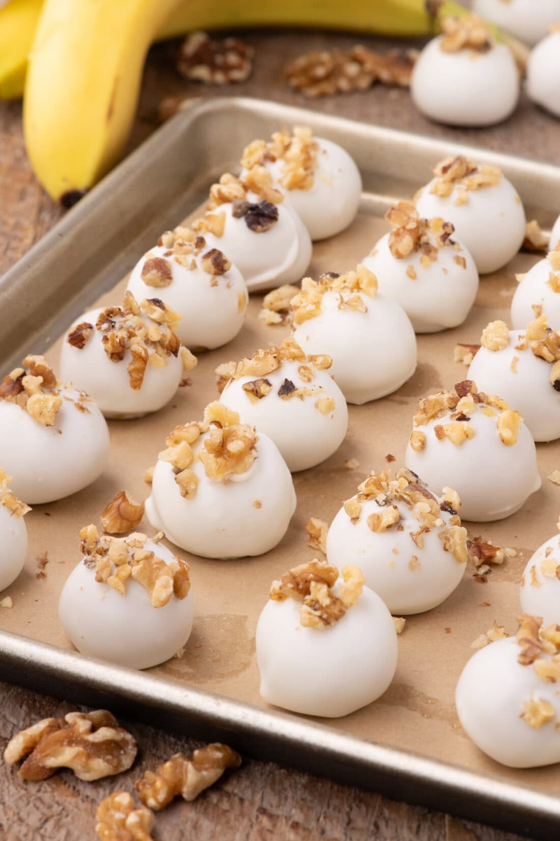 Banana Truffles on a parchment lined baking sheet