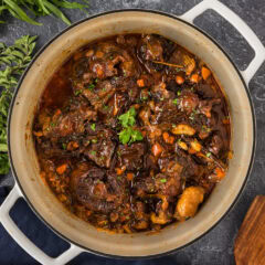 Overhead photo of a pot of Braised Oxtail