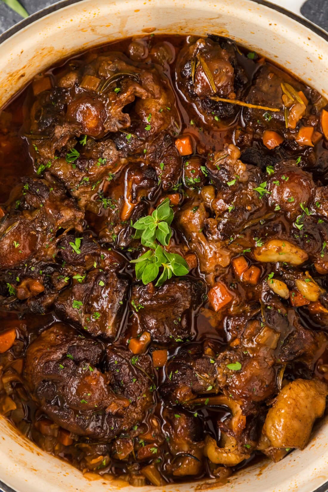 Close up photo of a pot of Braised Oxtail