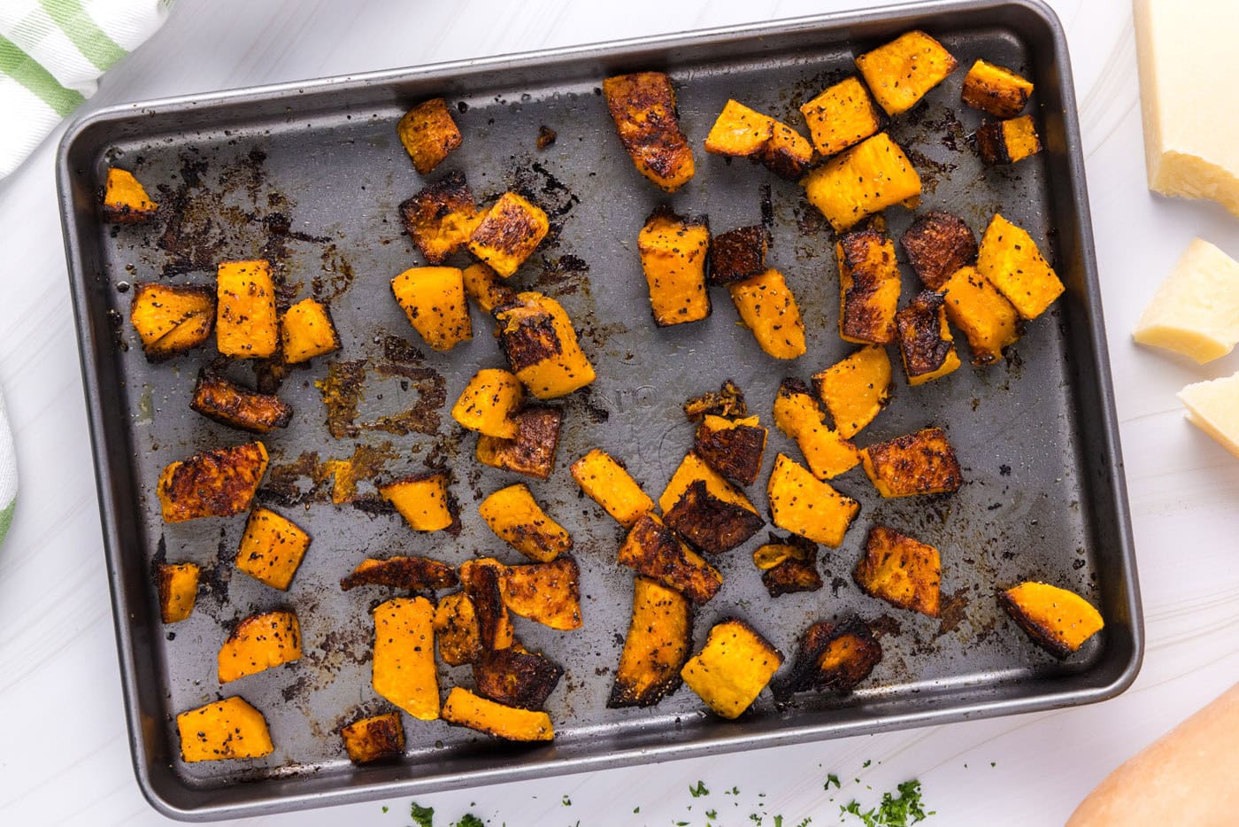 roasted butternut squash on a baking sheet