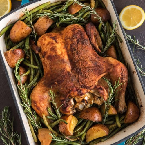 Slow Roasted Sticky Chicken with vegetables in a pan