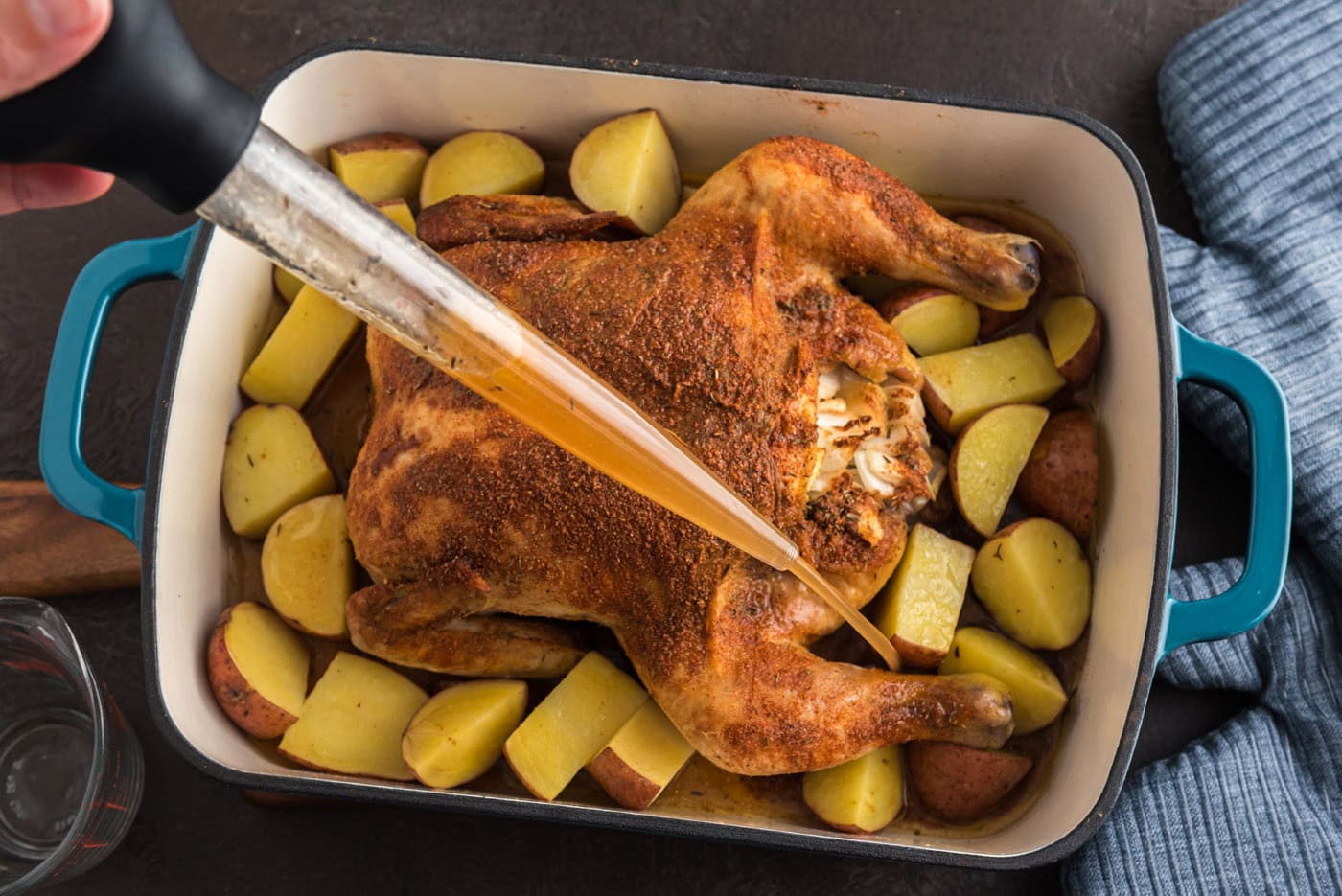 basting chicken in a roasting pan