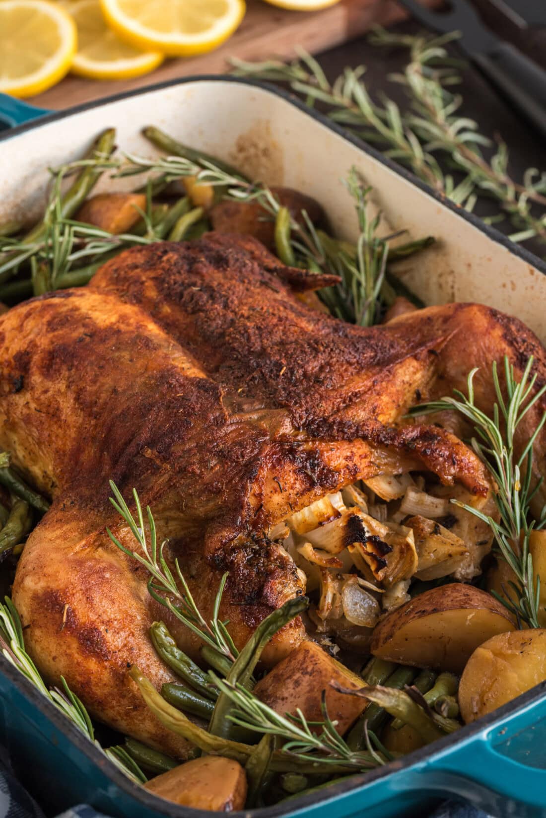 Close up photo of Slow Roasted Sticky Chicken in a pan