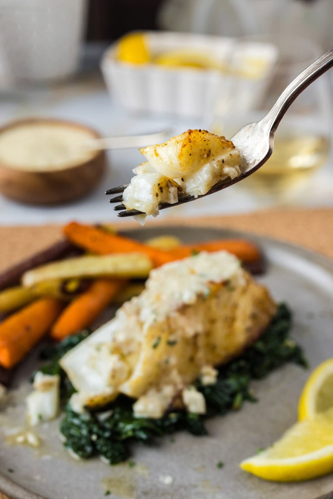 Baked Chilean Sea Bass on a fork 