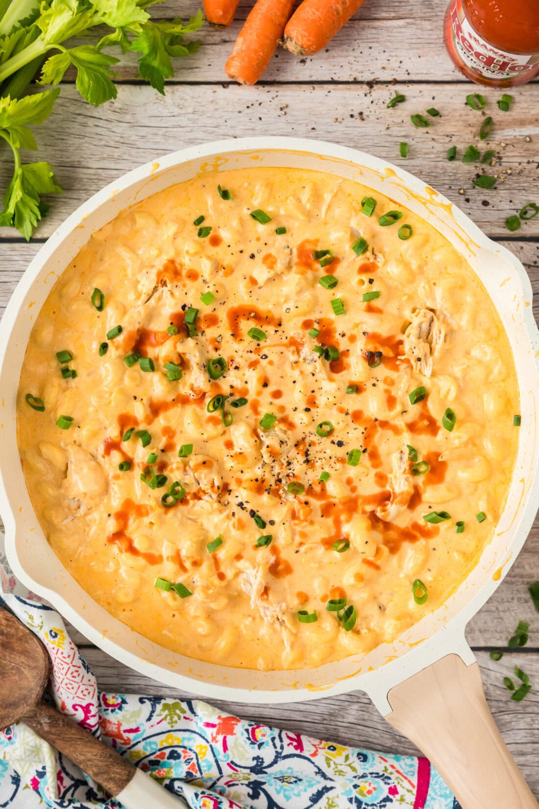 Skillet of Buffalo Chicken Mac and Cheese