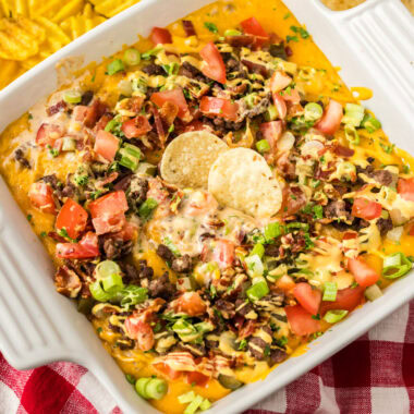 Close up photo of Cheeseburger Dip in a baking dish