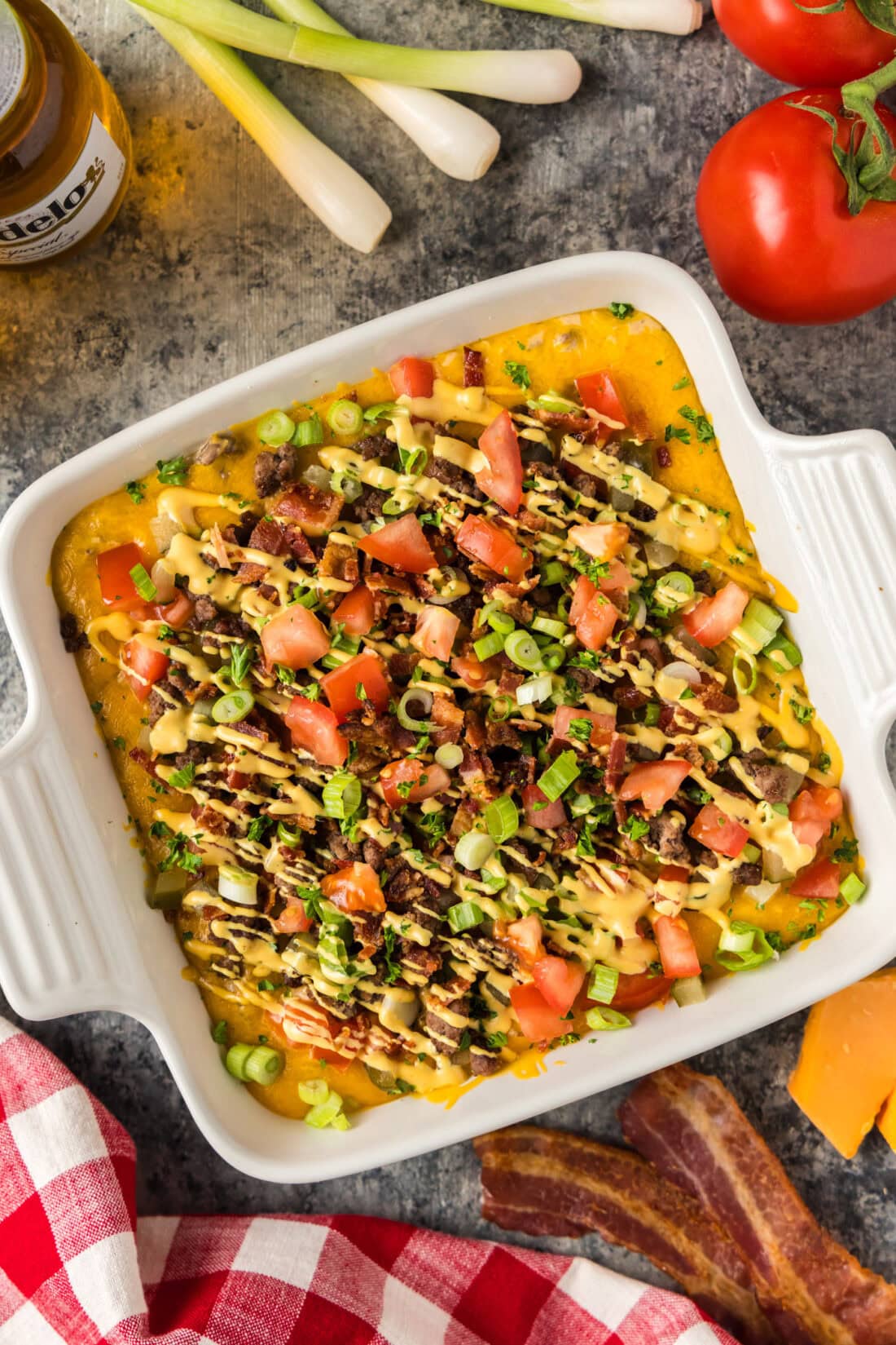 Overhead photo of a dish filled with Cheeseburger Dip