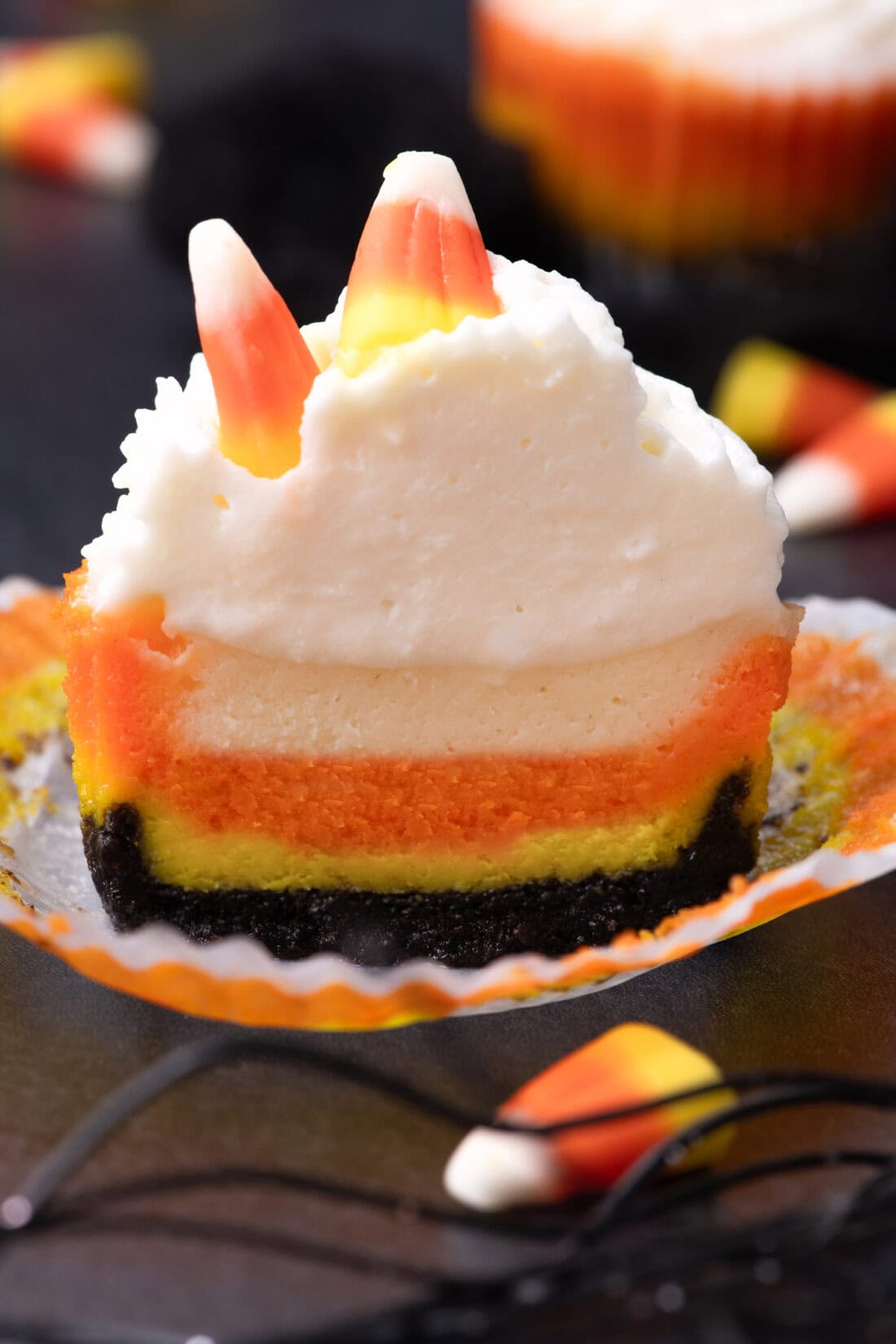 Mini Candy Corn Cheesecake cut in half