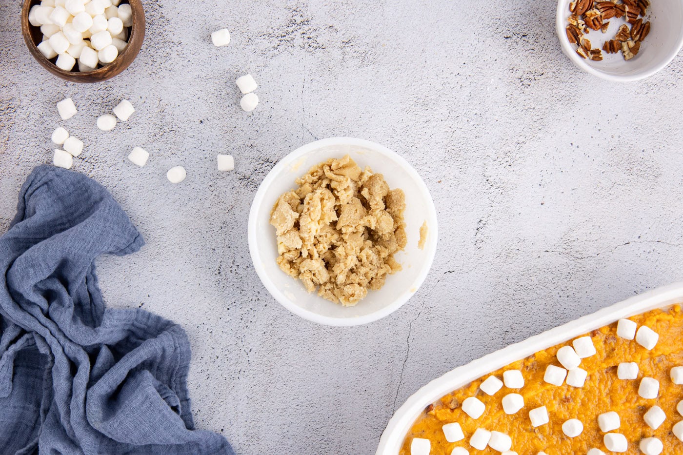 streusel topping crumbled in a small bowl