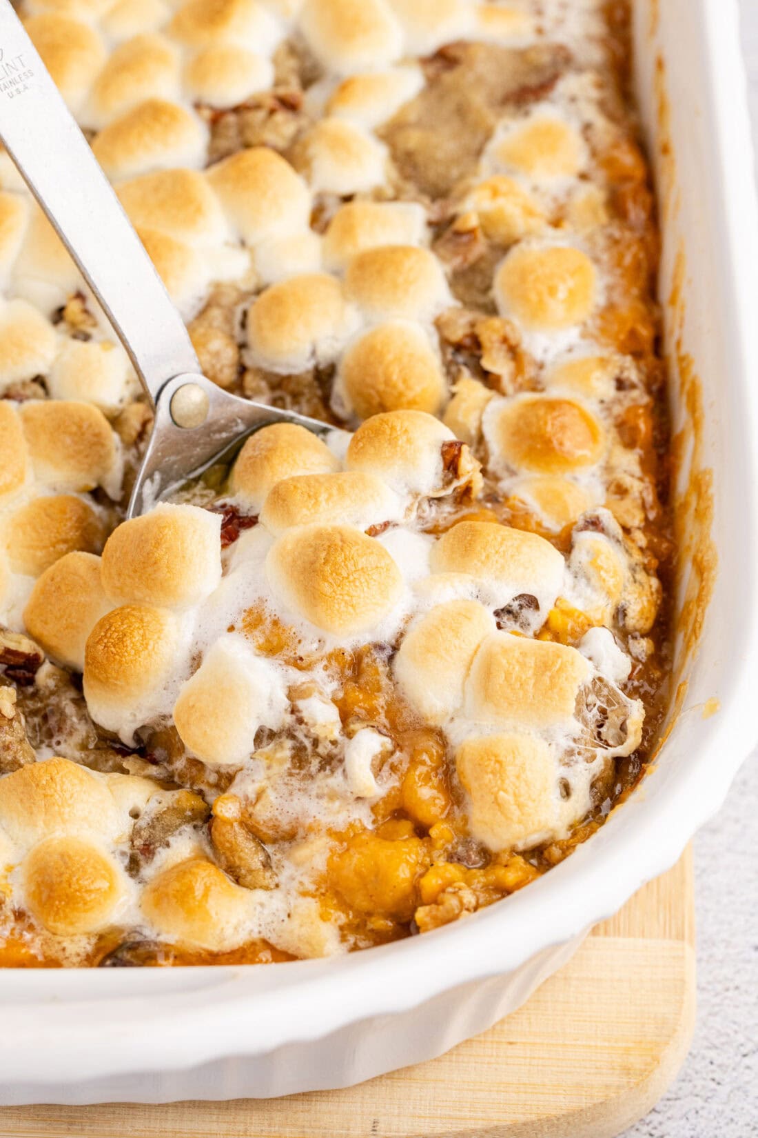 Close up photo of a spoon in Sweet Potato Casserole