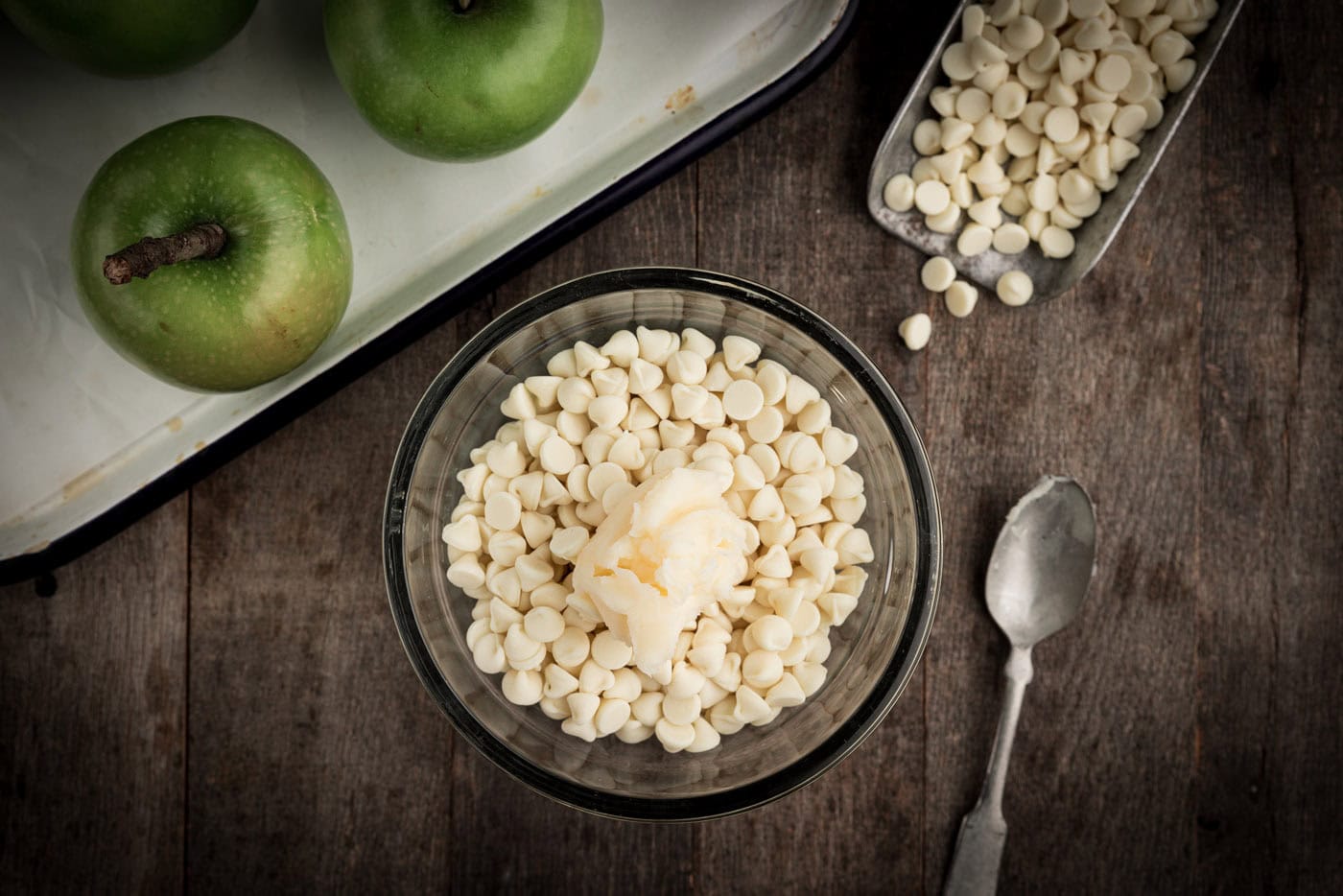 white chocolate chips in a bowl with shortening