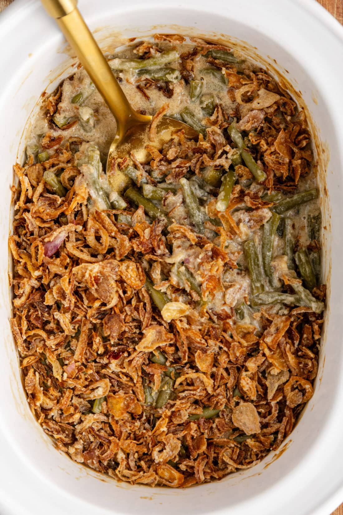 Close up photo of Green Bean Casserole in a crockpot