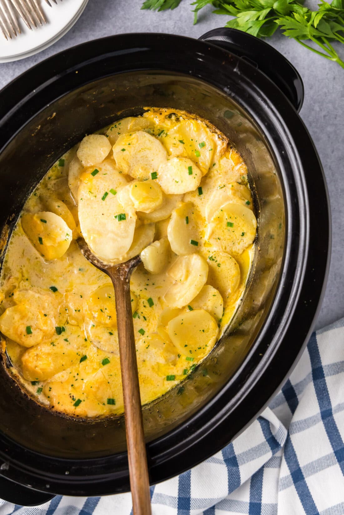 Spoon in a Crockpot of scalloped potatoes