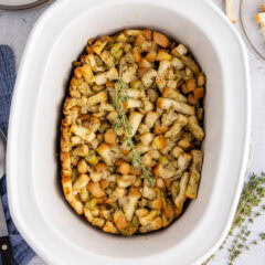 Close up photo of Crockpot Stuffing in a crockpot