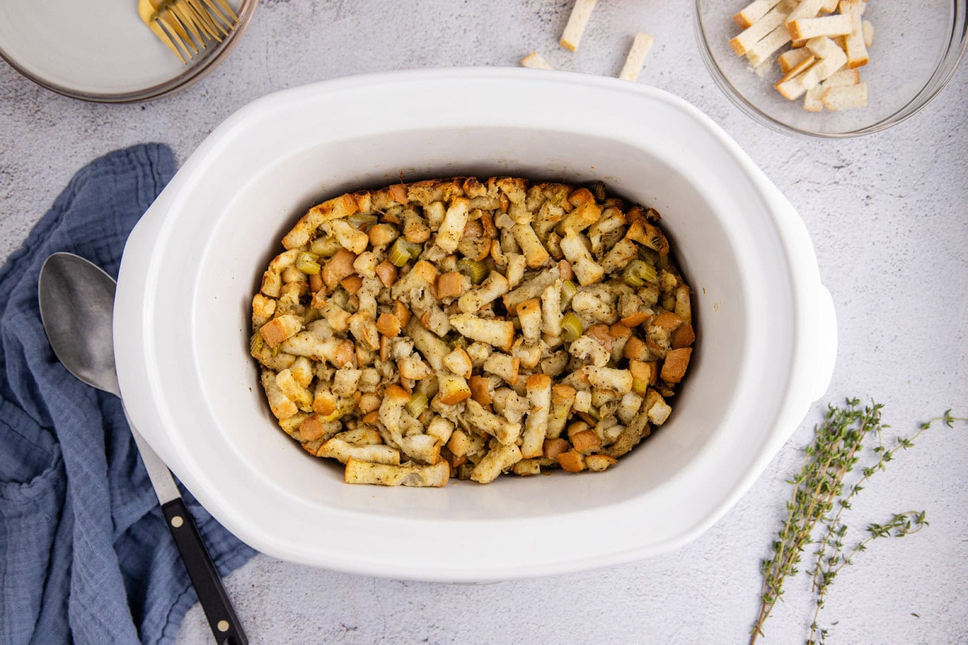 cooked crockpot stuffing overhead