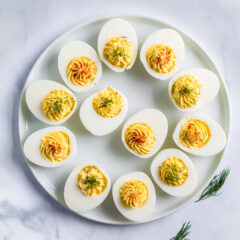 Close up photo of a plate of Deviled Eggs