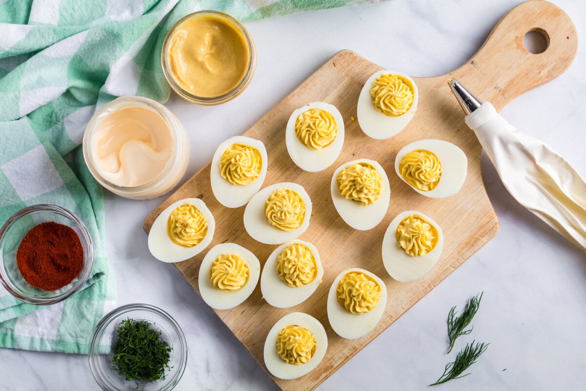 Deviled Eggs on a wooden serving board